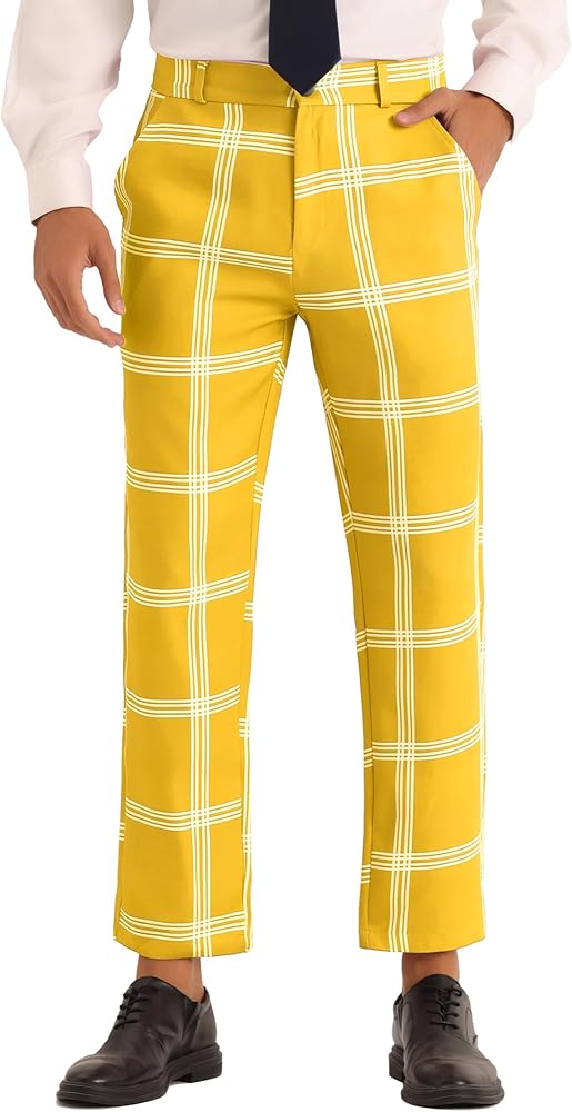 Lars Amadeus Plaid Dress Trousers for Men's Color Block Slim Fit Flat Front Checked Dress Pants