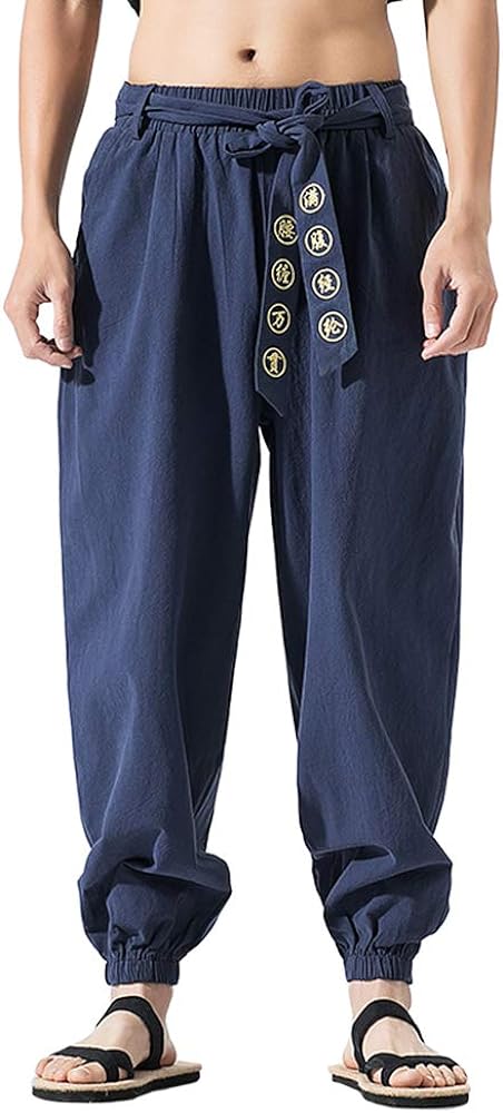 HAORUN Men Chinese Style Kung Fu Pants Tai Chi Loose Trousers Linen Casual Retro Wide Leg Navy Blue