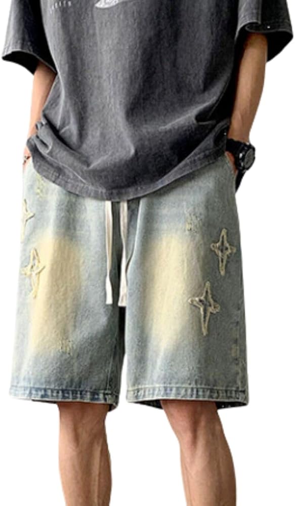 Star Y2k Baggy Shorts Men Denim Jeans Summer Casual Loose Straight Leg Grunge Harajuku Streetwear Fashion Clothe