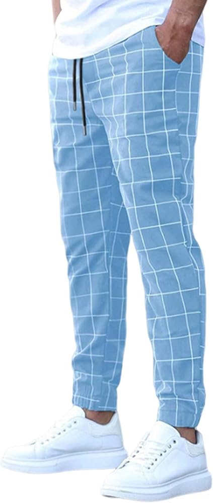 Recyphi Men's Casual Checkered Pants Stretch Slim Fit Pants Skinny Plaid Dress Pant