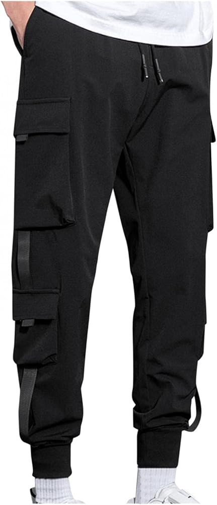 Mens Cargo Pants Loose Plus Size Sports Harlem Pants Casual Cropped Trousers with Pockets Solid Lace Up Hip Hop Pants