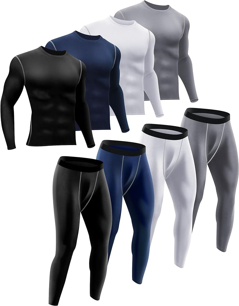 4 Pcs Thermal Underwear Set for Men Sport Long Underwear Fleece Lined Base Layer Quick Dry Top Bottom for Hunting