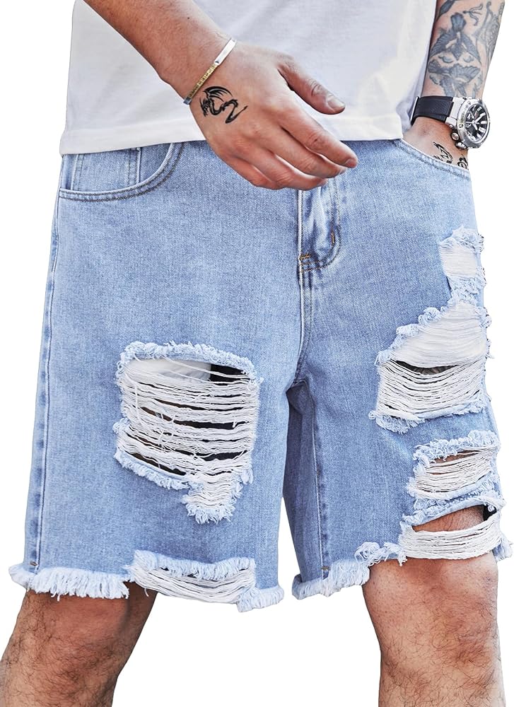 Verdusa Men's Ripped Distressed Raw Trim High Waist Straight Leg Denim Shorts