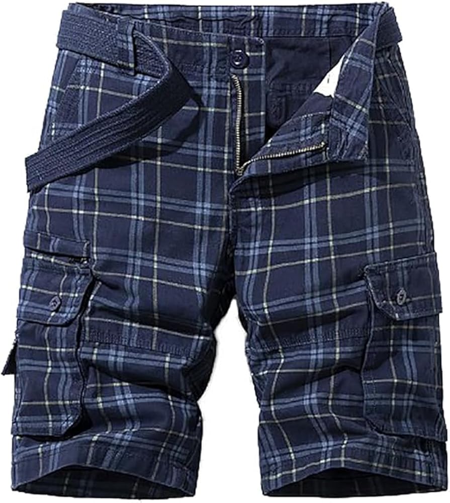 Men's Plaid Cargo Shorts Lightweight Multi-Pocket Cargo Shorts Summer Casual Cotton Hiking Short Pants