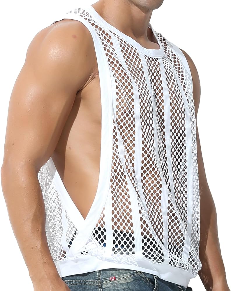 Evankin Mens Sexy Stripe Fishnet Tank Top See Through Mesh Sleeveless Tank Shirt Hollow Out Sheer Undershirts