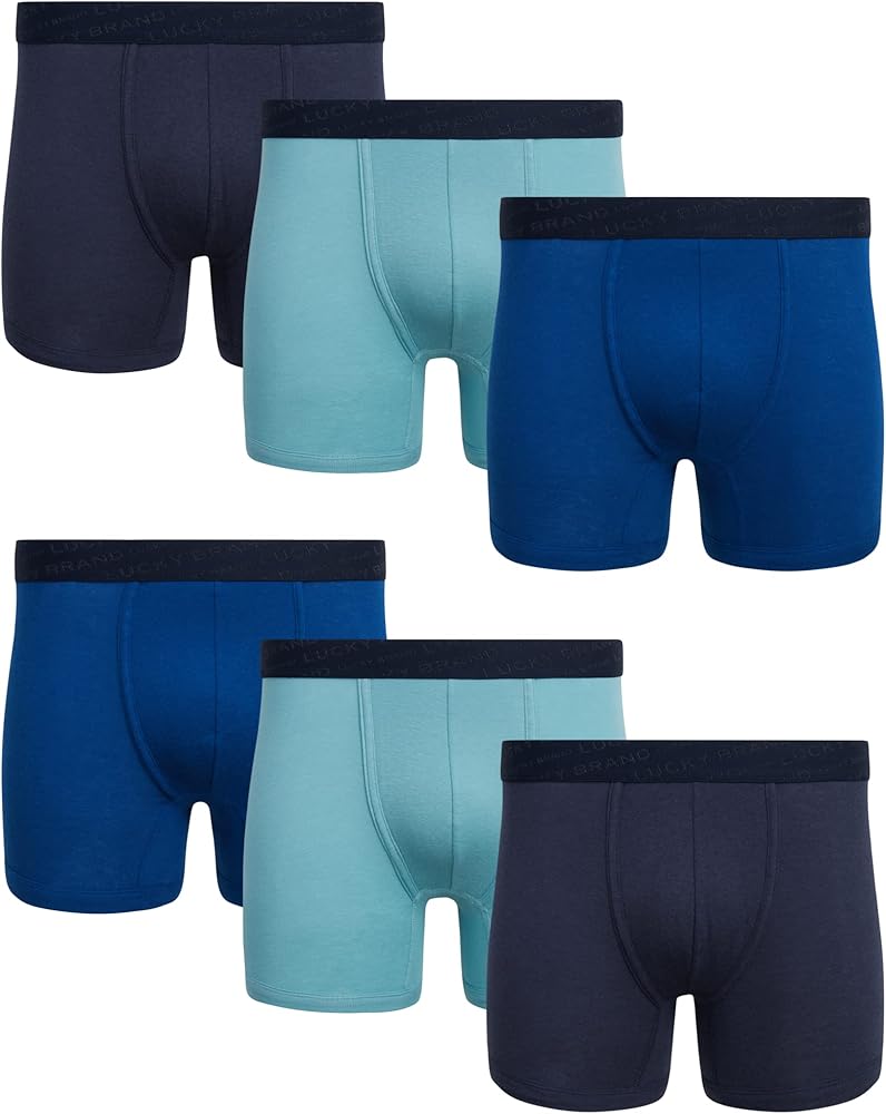 Lucky Brand Men's Boxer Briefs – 6 Pack Super Soft Mens Underwear with Comfort Pouch - Breathable Boxers for Men Pack (S-XL), Size Large, Navy/Blue/Turquoise