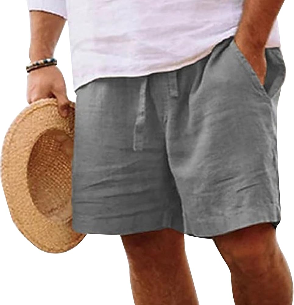 Men's Cotton Linen Elastic Waist Lounge Shorts Solid Beach Golf Shorts with Pockets Casual Drawstring Summer Shorts