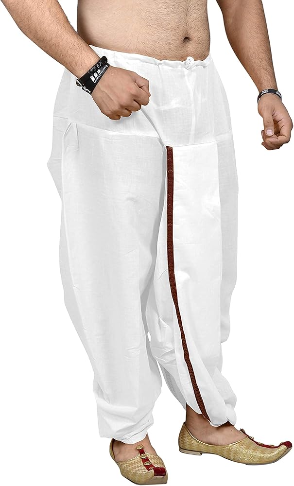 radhna South Indian Style Men's 100% Cotton Dhoti (White, Free Size) | Ready to Wear | Stitched | Pant Style |