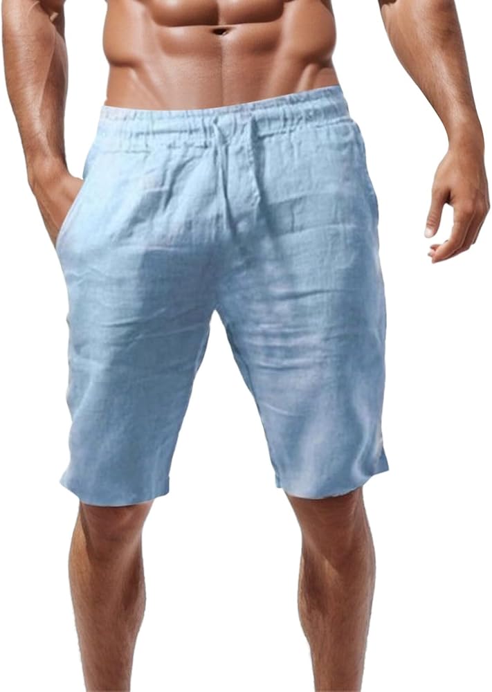 Linen Shorts for Men Summer Soild Color Beach Shorts Elastic Waist Drawstring Outdoors Shorts Breathable Sports Shorts