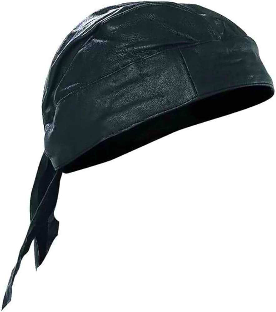 Lamb Skin Leather Cap Skull Du rag Doo Rag Motorcycle Riders Black