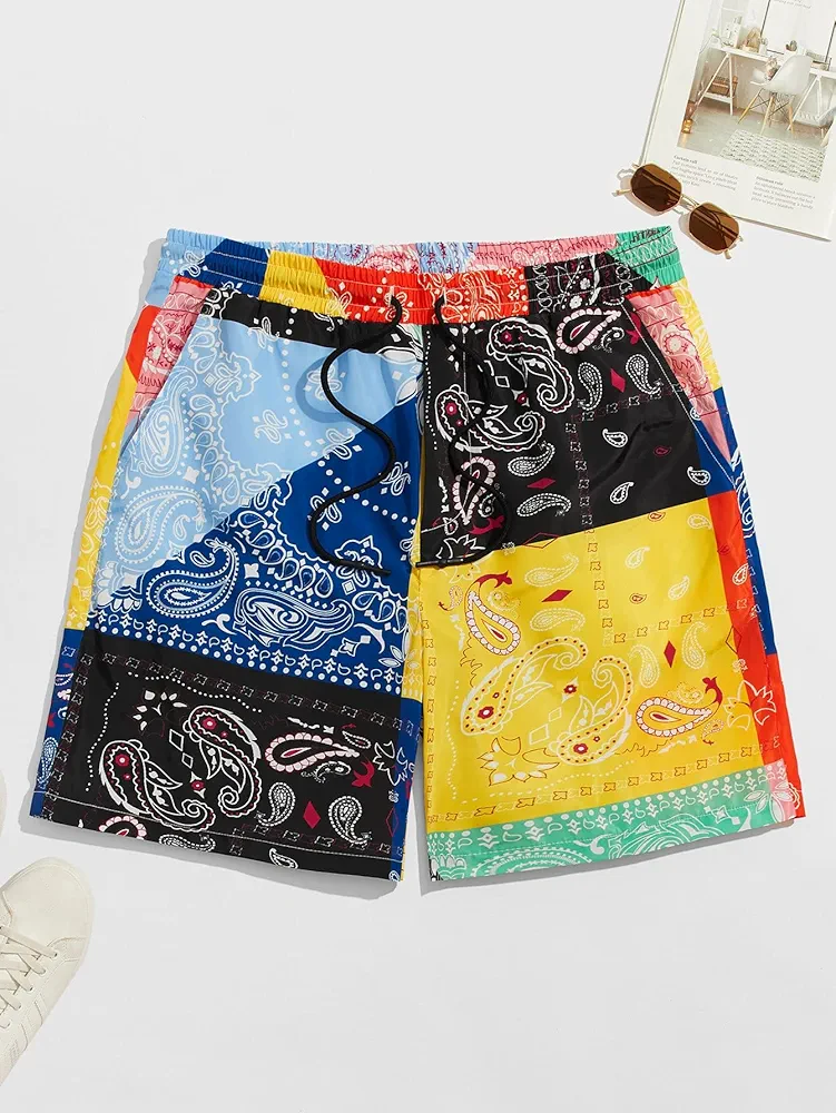 Mens Shorts Men Paisley & Patchwork Drawstring Waist Shorts (Size : Small)