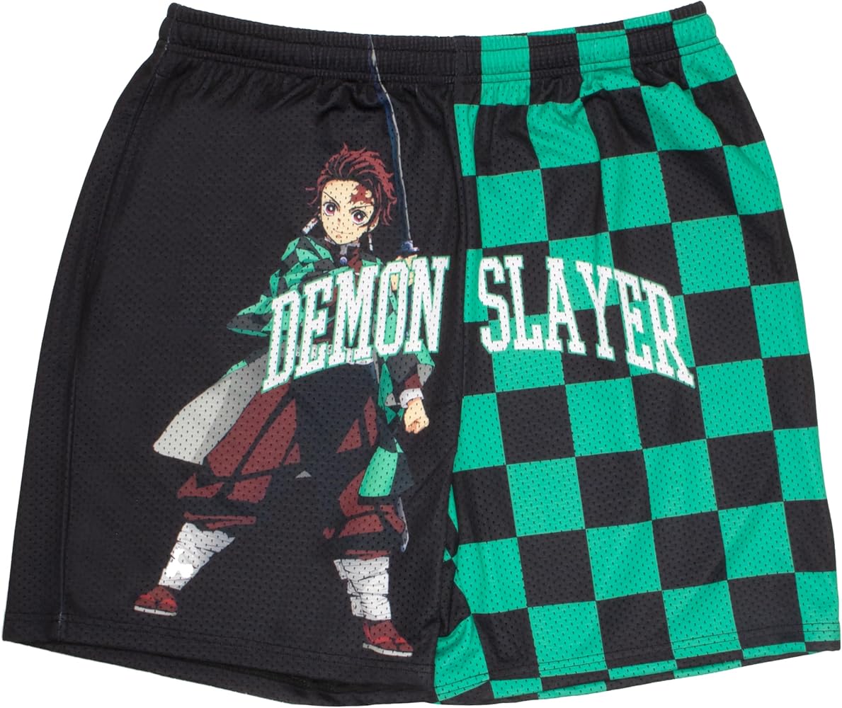 Demon Slayer Anime Manga Tanjiro Mens Checkered Mesh Shorts, Casual Shorts for Men