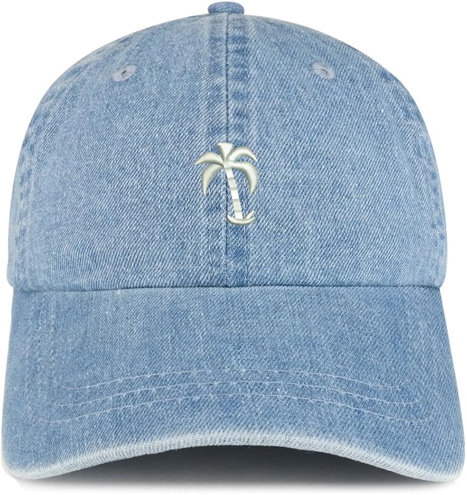 Trendy Apparel Shop Palm Tree Solid White Embroidered 100% Cotton Denim Cap Dad Hat