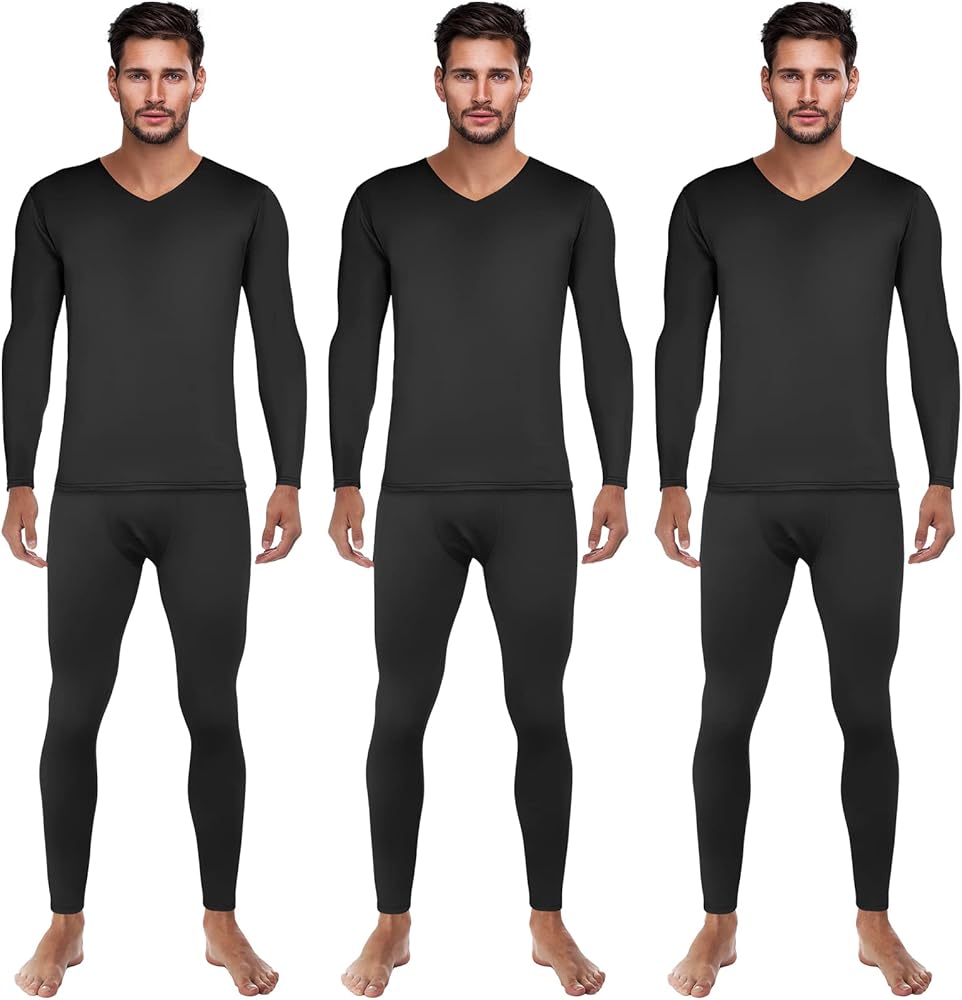 Patelai 3 Set Men Thermal Underwear Set Winter Warm Base Layers V Neck Fleece Thermal Top and Bottom Set for Cold Weather