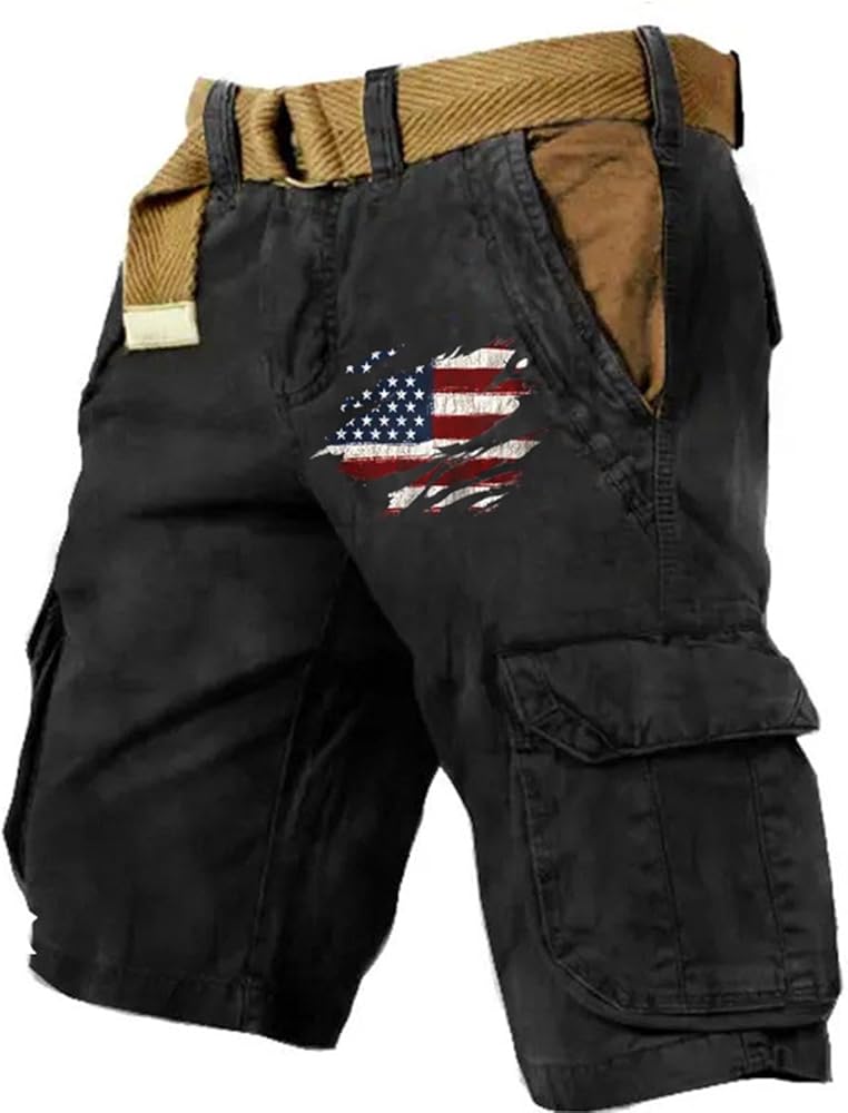 Washed Cargo Shorts for Men Distressed Tactical Shorts American Flag Printed Outdoor Multi-Pocket Military Work Short