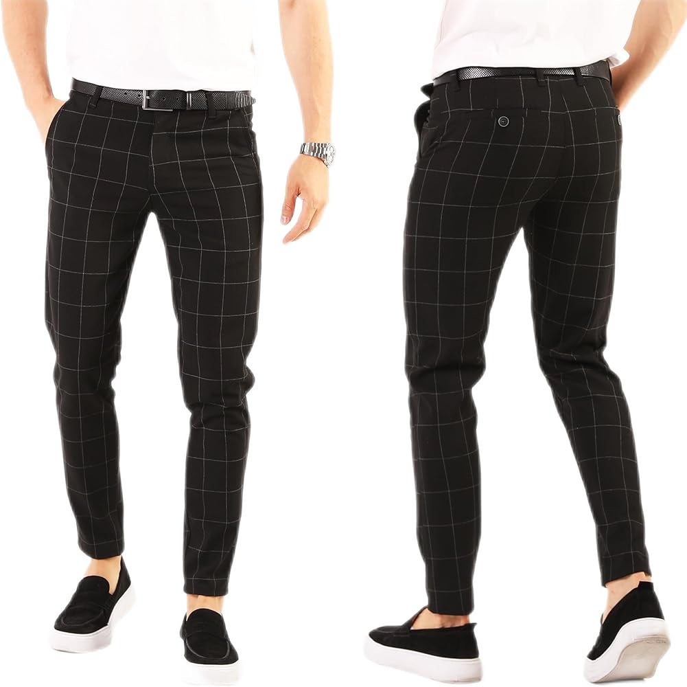 Black Checkered Mens Pants Casual Stretch Golf Pants for Men Slim Fit Relaxed Comfort Dress Pair 3XL