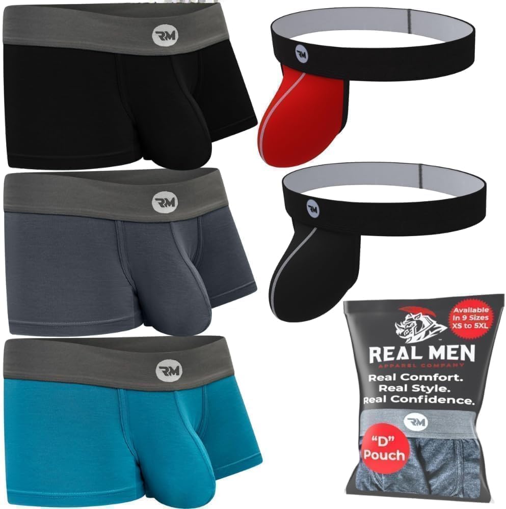 Real Men Bulge Enhancing Underwear 3in Modal 3-Pack XL (Black/Blue/Grey) BUNDLED WITH Lift Pouch Strapless Jocks XL Gunmetal Grey AND Red