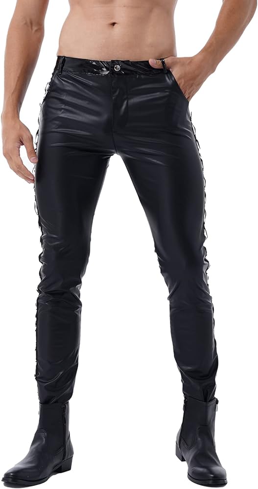 Men's Shiny Pant 80's Rock Punk Hip Hop Faux Leather Motocycle Long Trousers