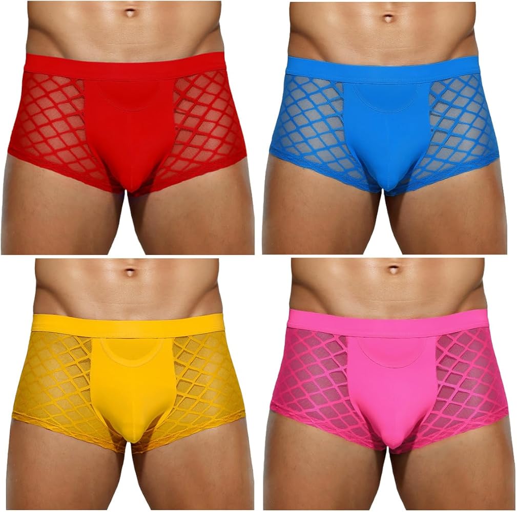 Casey Kevin Men's Underwear Sexy See Through Lace Boxer Briefs Mesh Trunks, C6-4 PACK-MULTICOLOR-CK2116-US-C, XX-Large