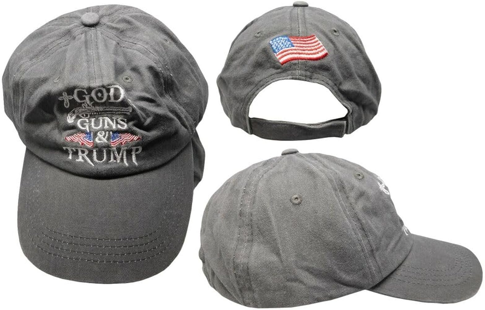 God Guns & Trump 2024 USA Flag Grey Gray Washed Adjustable Embroidered Cap Hat