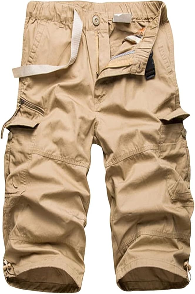 Men's Long Cargo Shorts 3/4 Casual Loose Fit Below Knee Shorts Lightweight Elastic Waist Cotton Hiking Short Pants