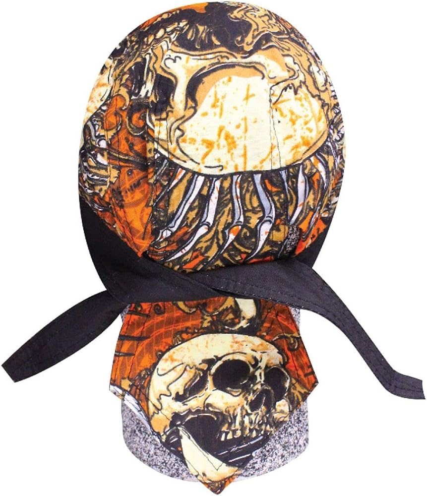 Danbanna Deluxe Black Orange Tan Skull Bones Gothic Skull Serium Delirium Head Wrap Cap Hat Sweatband