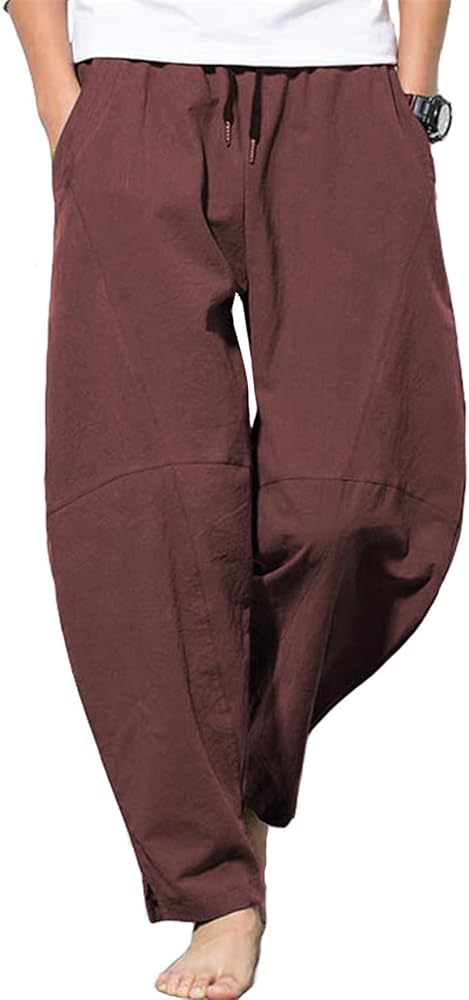 Mens Cotton Linen Drawstring Pants Elastic Waist Casual Summer Beach Pants (X-Large, Brown)