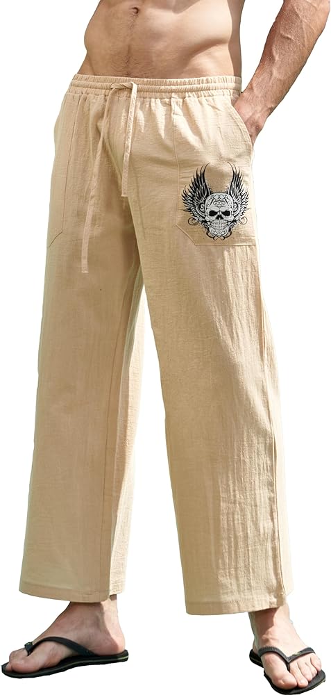 Men's Print Cotton Linen Casual Pants with Elastic Waistband - Soft, Breathable, and Loose-Fit Summer Pants