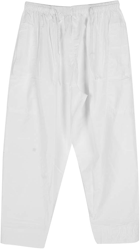 Muslim Pants Men Muslim Trousers Cotton Loose- Afghan Pants with Waist Elastic Band for Prayer, White (XXL-White)