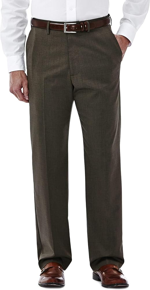 Haggar Men's Premium Stretch Solid Gabardine Expandable Plain Front Dress Pant, Medium Brown, 42x29