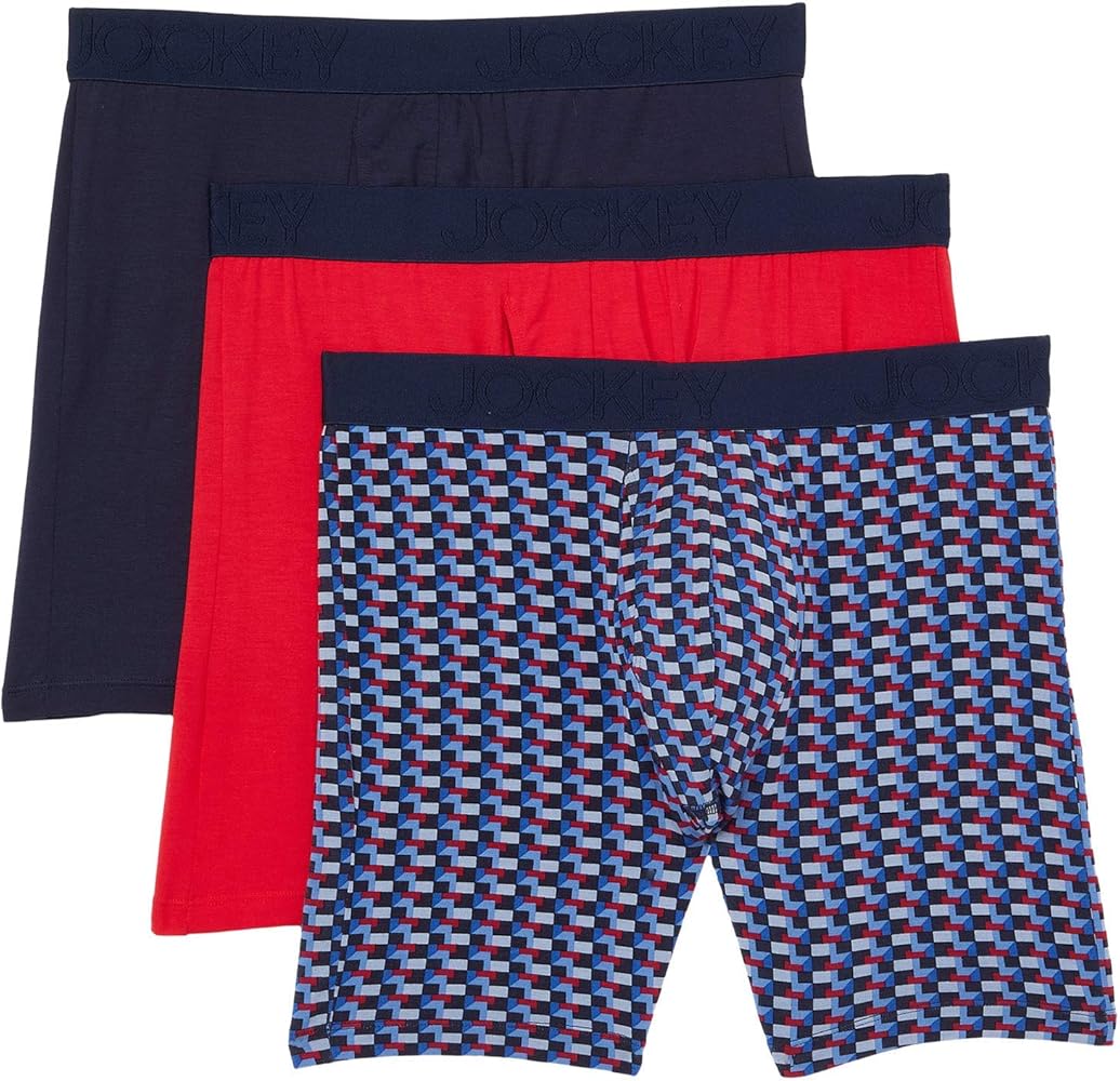 Jockey Active Ultra Soft Modal Boxer Brief 3-Pack True Navy/Imperial Red/Wader Lust Geo MD (Waist 32-34")