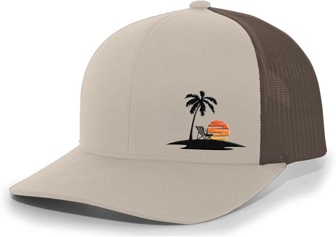 Tropical Palm Tree Sunset Beach Vacation Embroidered Mesh Back Trucker Hat