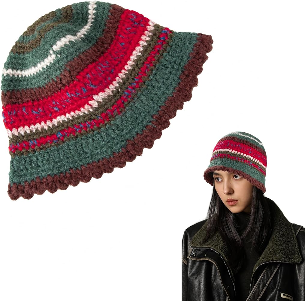 Striped Contrast Color Fisherman Hat Soft & Warm Thick Cotton Bucket Cap with Flower for Women