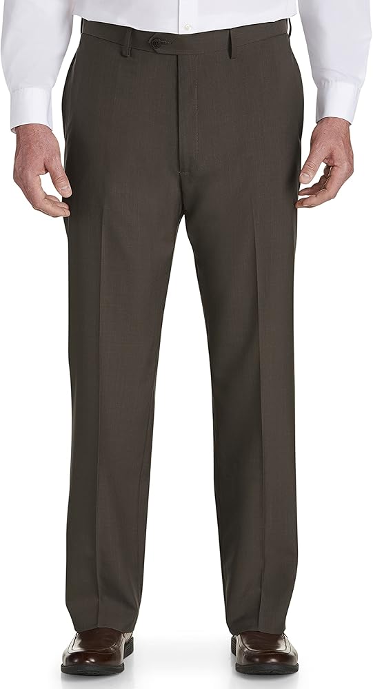 Haggar Men's Big-Tall Expandable Waistband Repreve Stria Plain Front Dress Pant, Brown,54x32