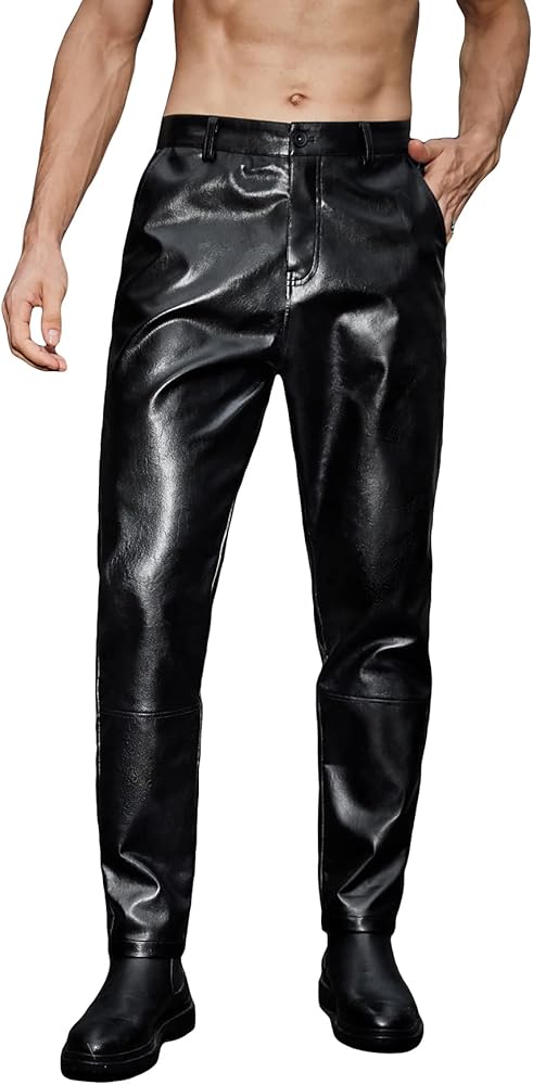 WDIRARA Men's High Waisted PU Leather Zipper Fly Solid Tapered Pants with Pockets