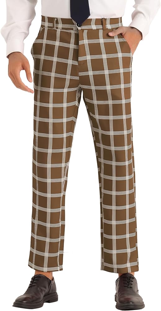 Lars Amadeus Plaid Pattern Pants for Men's Slim Fit Flat Front Work Office Checked Trousers