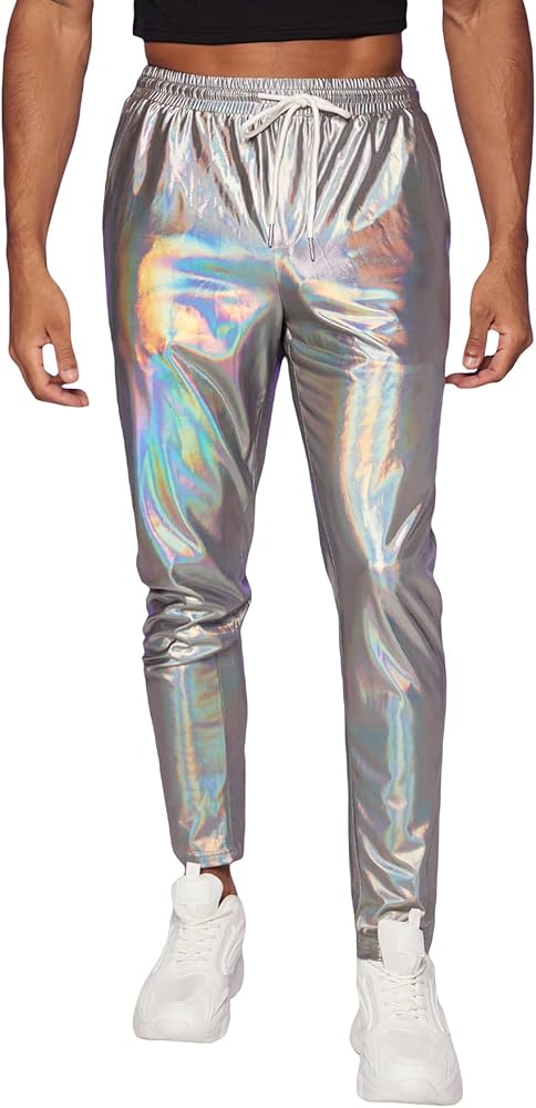 WDIRARA Men's Metallic Drawstring Waist Holographic Party Club Pants with Pockets