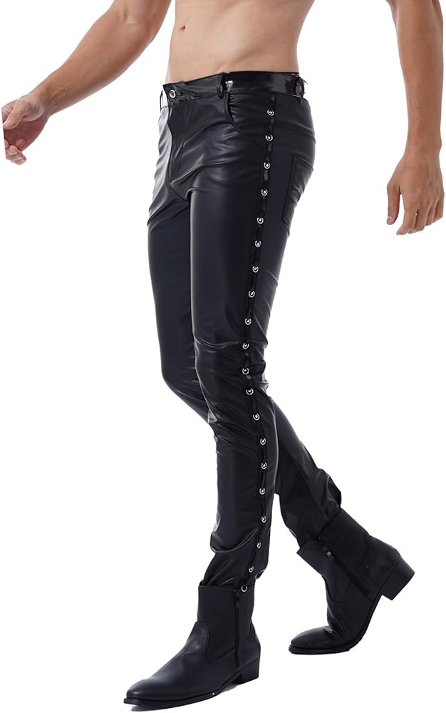 YiZYiF Men's Faux Leather Studded Side Stretchy Slim Fit Straight Leg Metallic Biker Pants