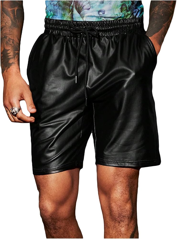 OYOANGLE Men's Pu Leather Shorts Drawstring Elastic Waist Straight Leg Shorts Partywear