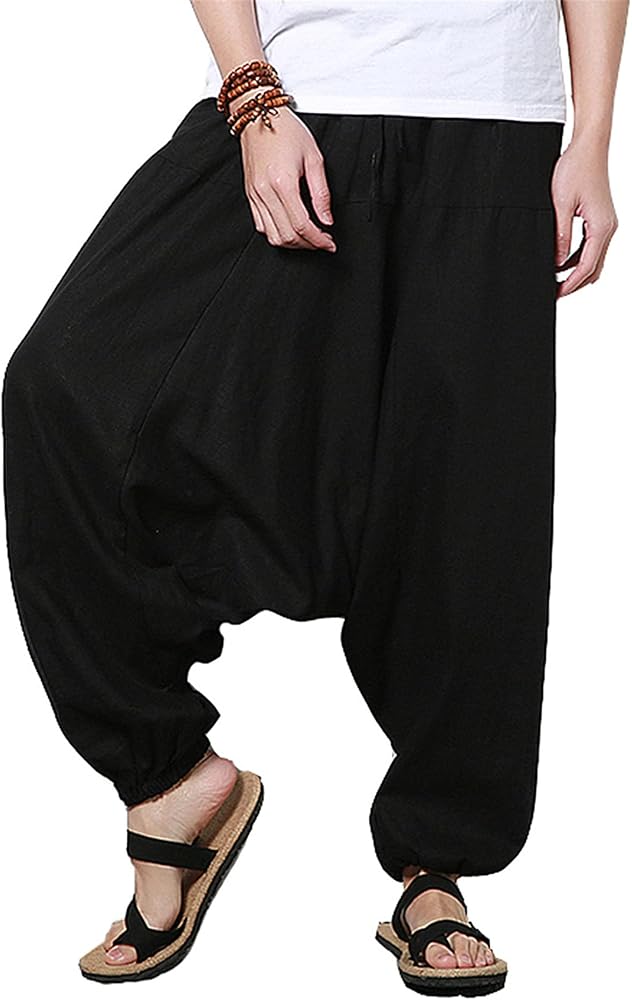 perdontoo Mens Casual Harem Pants Loose Elastic Waist Drawstring Hippie Aladdin Drop Crotch Trousers