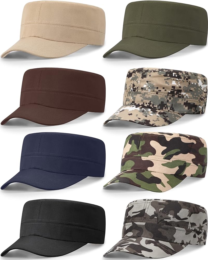 8 Pcs Military Style Caps for Men Cadet Army Adjustable Unisex Washed Cotton Cadet Hat for Women (Classic Style)