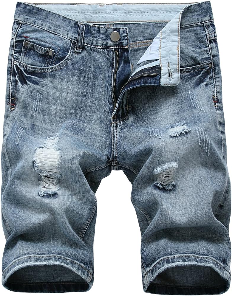 HiLY Men's Casual Ripped Denim Shorts Stylish Distressed Straight Leg Jeans Shorts