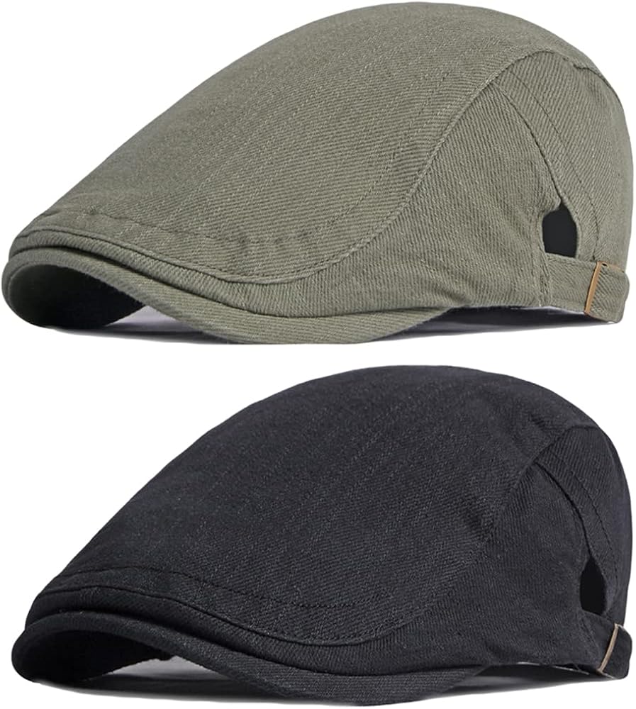 2 Pack Men's Adjustable Newsboy Hat Flat Cap Cotton Ivy Gatsby Cabbie Driving Hat Beret