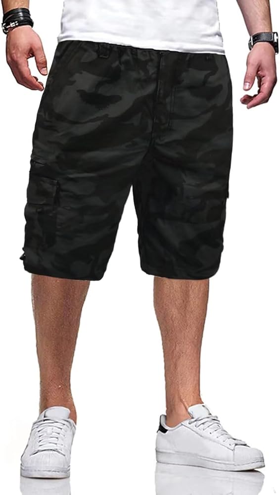 Mens Cargo Shorts Cotton Elastic Waist Outdoor Casual Short Fishing Hiking Shorts with Multiple Pockets