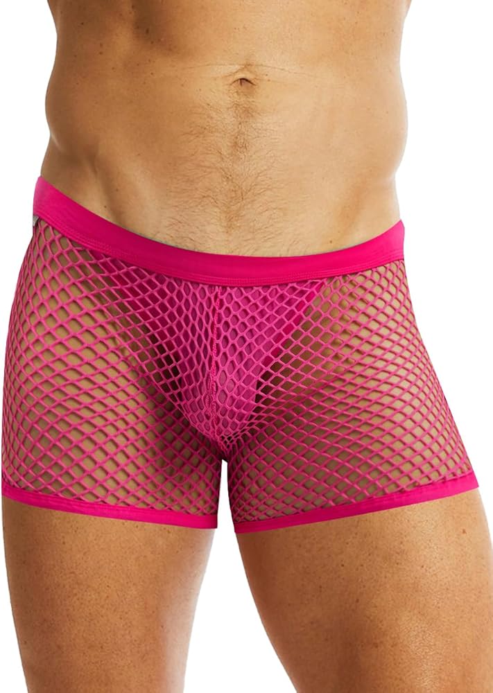 MIZOK Men's Sexy Sheer Fishnet Boxer Briefs Mesh See Through Pouch Boxer Underwear