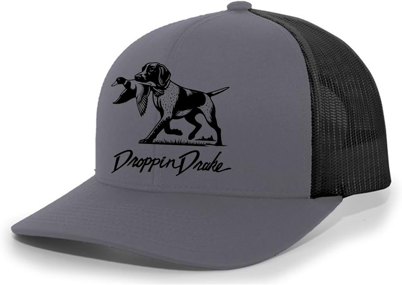 Mens Droppin Drake Dog Carrying Duck Hunting Southern Duck Call Mens Embroidered Mesh Back Trucker Hat