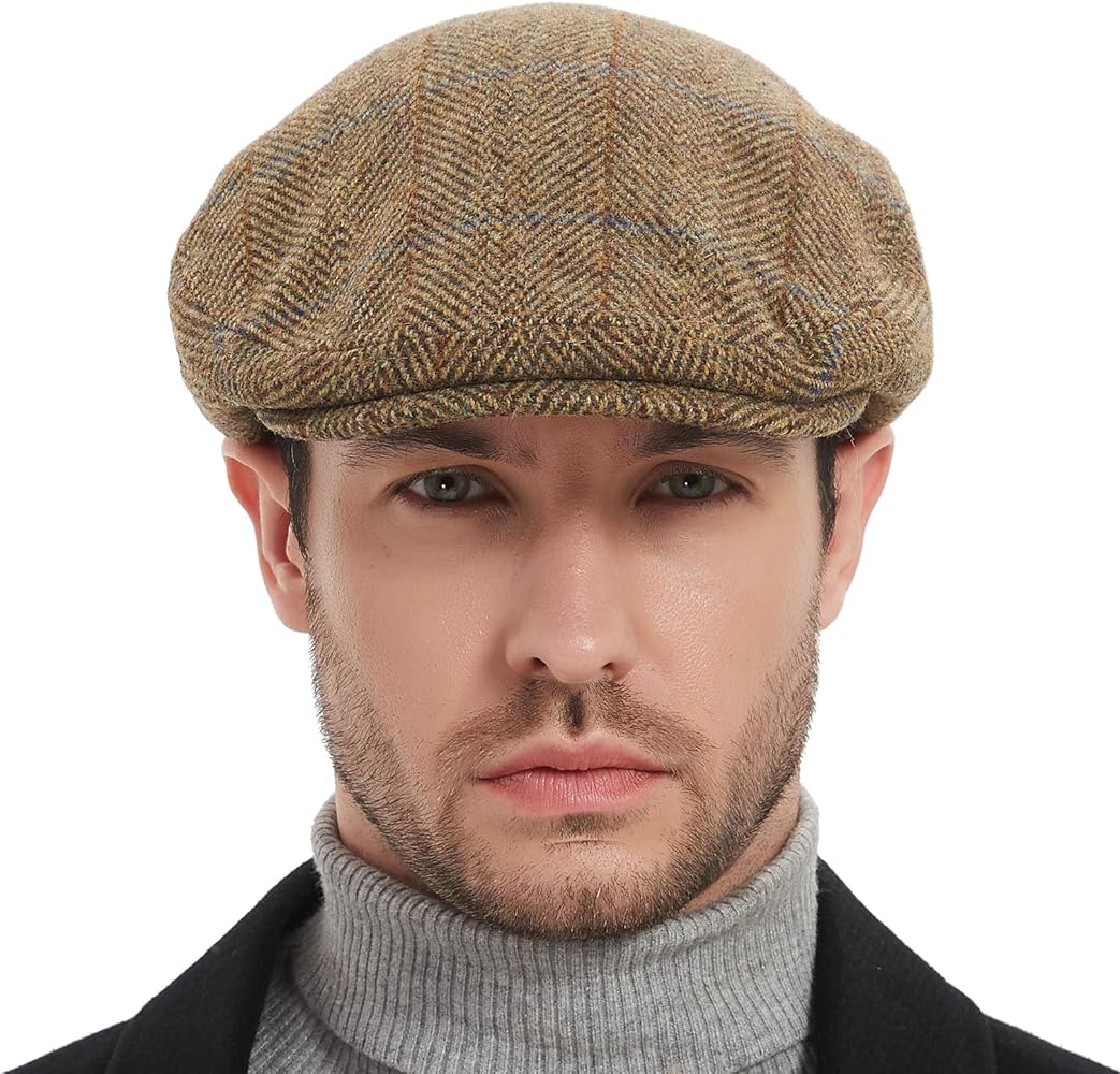 Men's Newsboy Caps,Classic Tweed Wool Blend Newsboy Ivy Hat Houndstooth/Herringbone/Checkered Flat Top Hat for Unisex