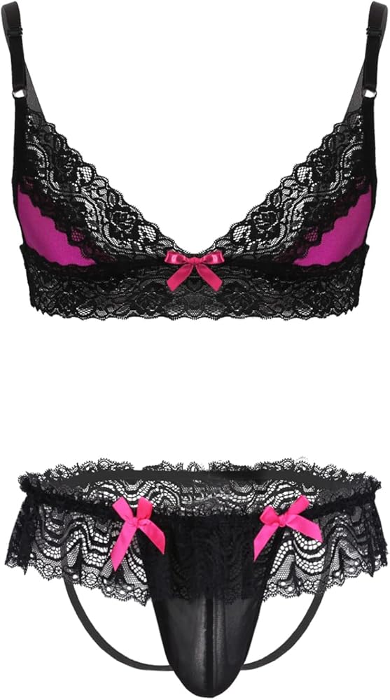 Men's Sissy Lingerie Set Satin Lace Trim Bra Tops with G-string Thong Crossdress Underwear