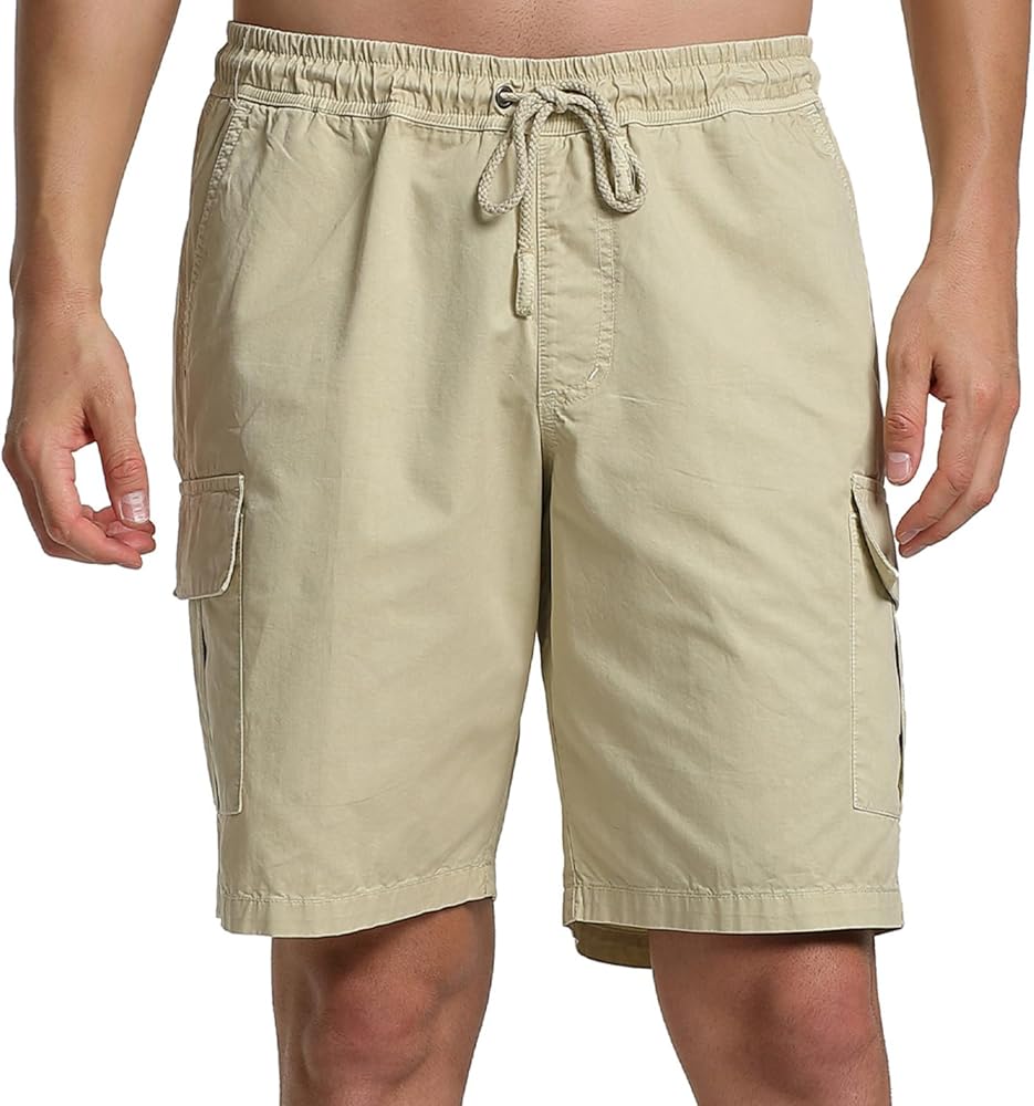 Mens 10 Inch Inseam Cargo Shorts Cotton Drawstring Elastic Waist Hiking Work Shorts with 6 Pockets