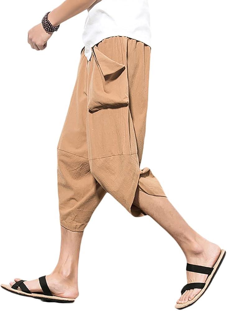 Men's Harem Pants Casual Lightweight Elastic Waist Wide Leg Baggy Linen Capri Pants Trousers